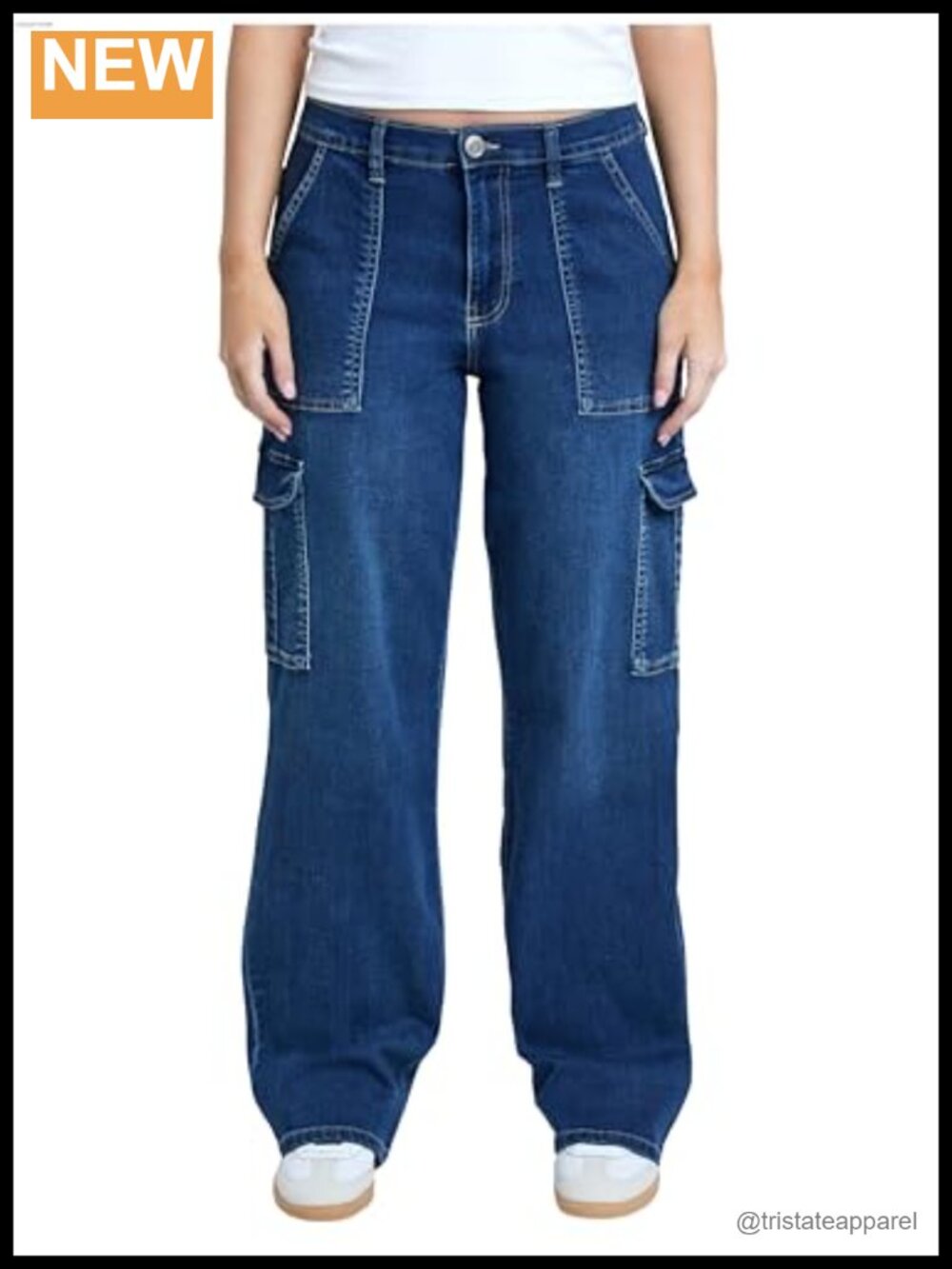 Women's Elastic Waist Straight Leg Cargo Jeans High Rise Casual Pants